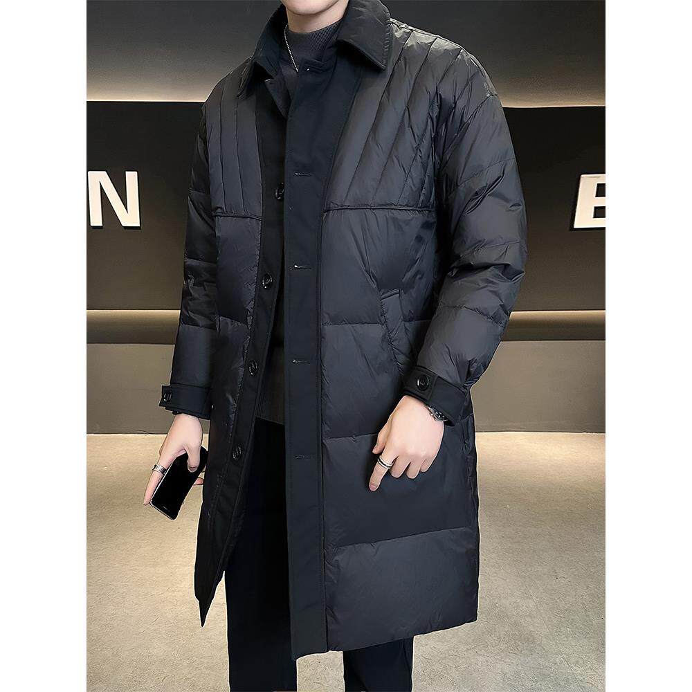 高档男士羽绒服冬季2025新款加厚白鸭绒衬衫领拼接中长款修身外套