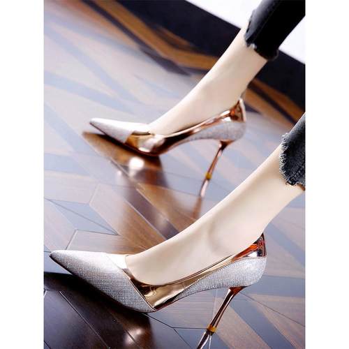 细跟高跟鞋女尖头气质名媛百搭法式亮片软皮婚鞋宴会真皮女鞋单鞋