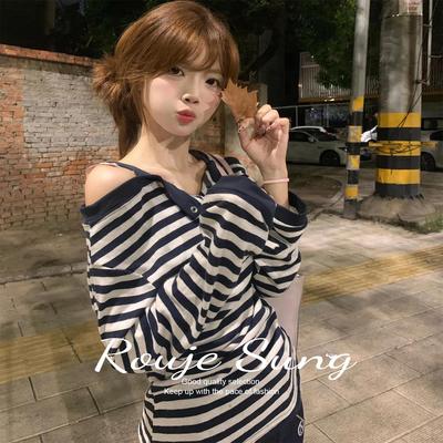 ROUJE SUNG藏青色露锁骨长袖T恤女秋季韩版辣妹假两件条纹上衣潮