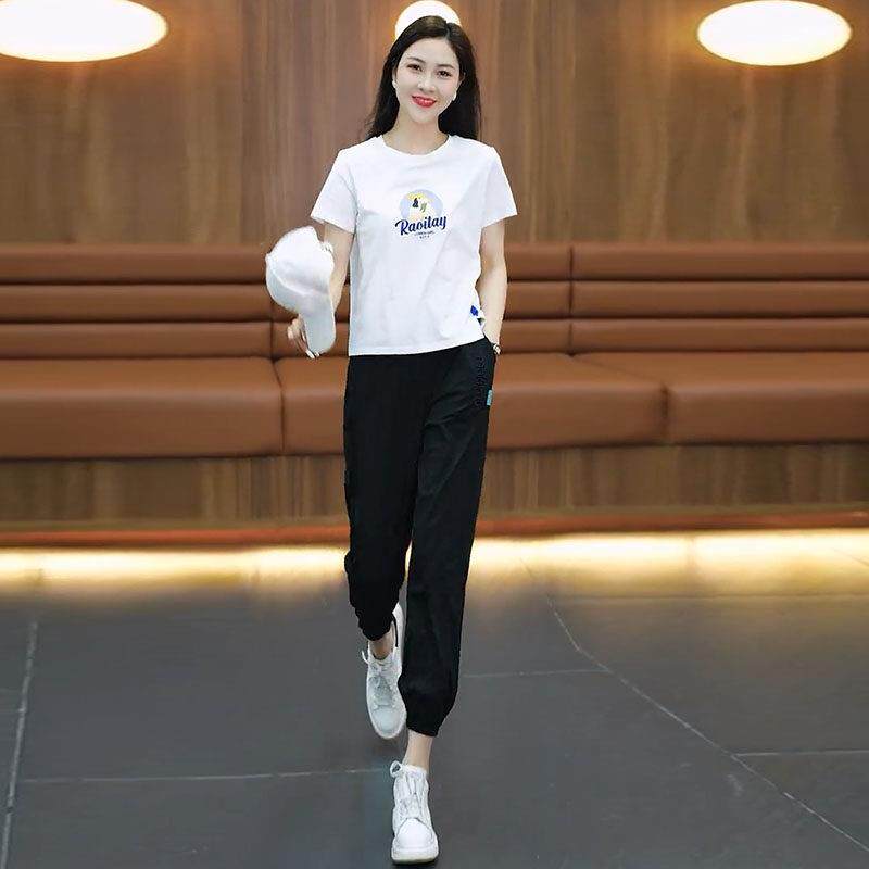 休闲运动套装女2024夏季新款时尚洋气小个子短袖T恤束脚裤两件套