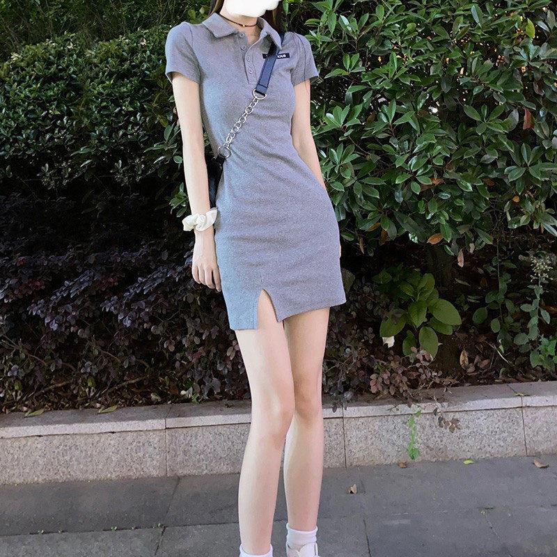 灰色包臀裙甜辣套装polo性感紧身洋装夏季辣妹裙子女纯欲风女装