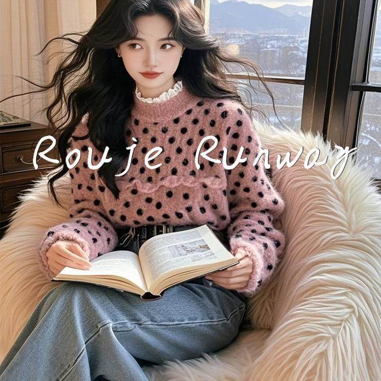 法式Rouje Runway慵懒高级感奶呼呼软糯粉色波点半高领毛衣女秋冬,女装/女士精品,大码内搭,淘宝优惠券,粉丝福利购,淘宝优惠卷