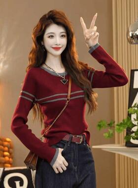 安可拉红色针织衫女春季2025新款耶诞穿搭内搭打底衫圆领毛衣上衣