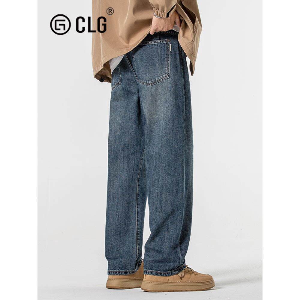 香港CLG潮牌垂感牛仔裤男直筒美式秋冬新款大码宽松百搭阔腿长裤