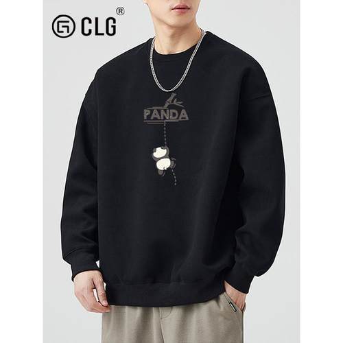 香港Clg时尚品牌卡通熊猫印花圆领男女运动衫，百搭宽松天鹅绒夹