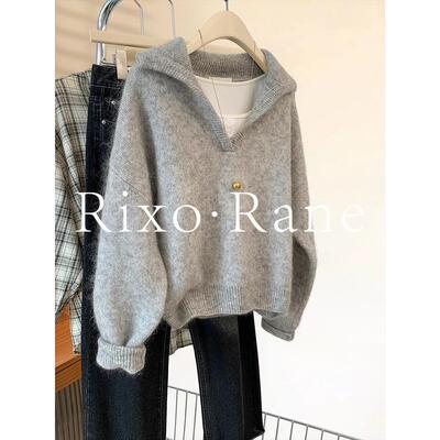 法国Rixo Rane⭐灰色v领浣熊绒针织毛衣女翻领慵懒风加厚上衣冬装
