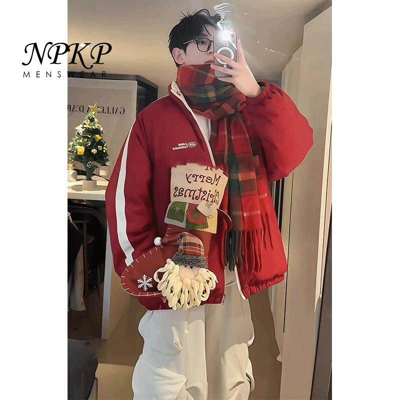羽绒棉服男冬季新款红色两面穿棉衣外套潮流圣诞喜庆美式情侣棉袄