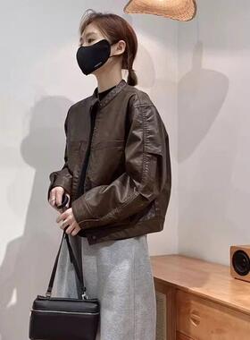 LILY MOST高级感黑色覆古廓形皮衣短外套皮夹克女春秋新款机车服