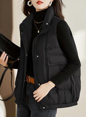 黑色羽绒马甲女短款2025年秋冬季新款韩版宽松白鸭绒无袖背心外套