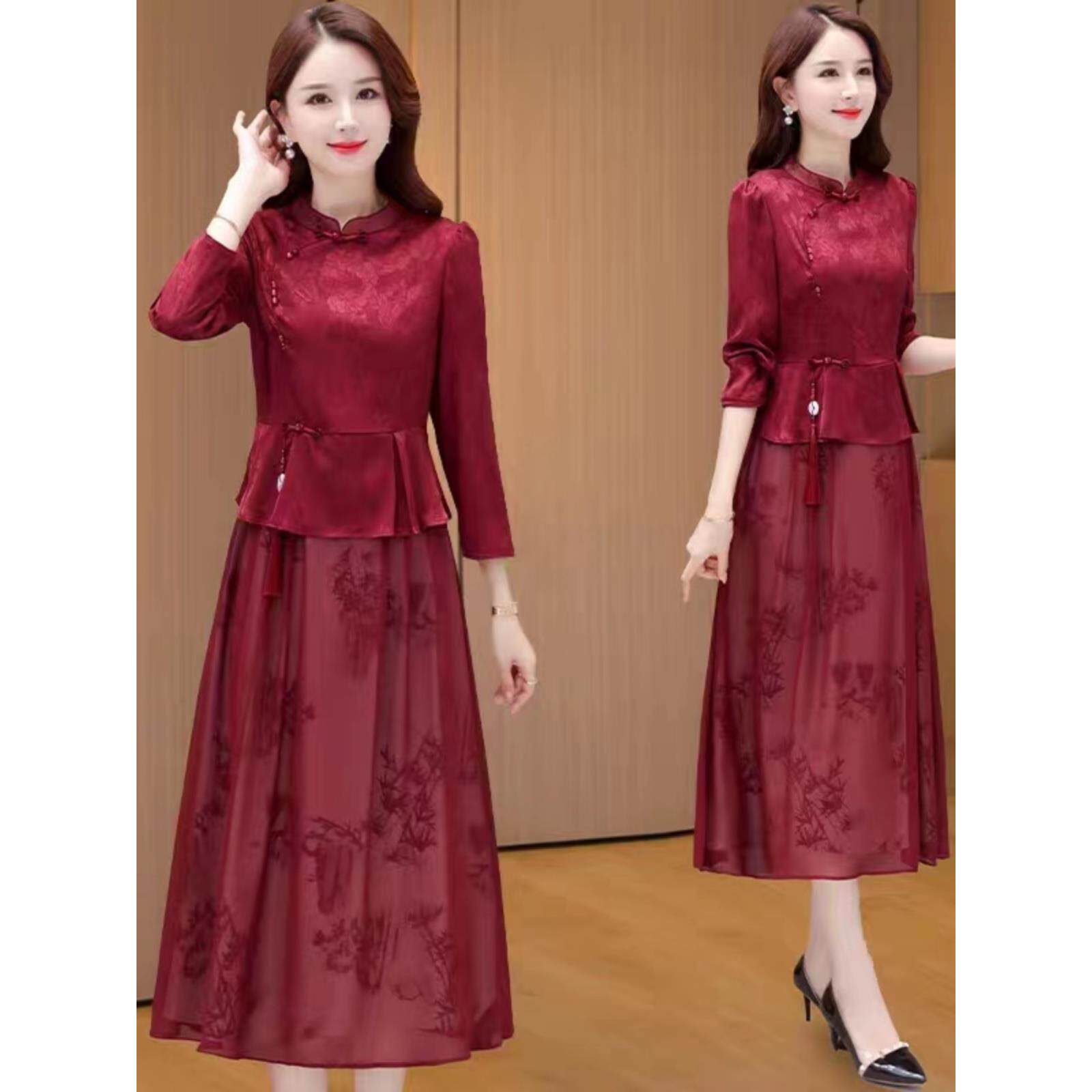 Ocnltiy喜婆婆婚宴装旗袍连衣裙女春秋妈妈结婚长袖礼服裙假两件