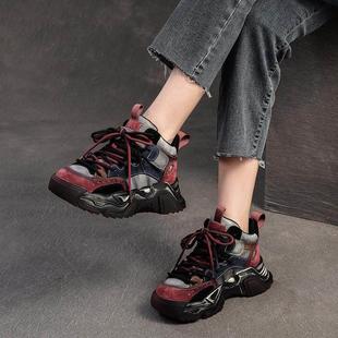 法国【设计师】新款拼色做旧覆古高筒老爹鞋休闲 运动头层牛皮女