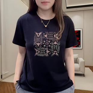 大码 t恤女烫钻印花小衫 显瘦胖mm上衣 Dsyle复古圆领短袖 法国Rouje