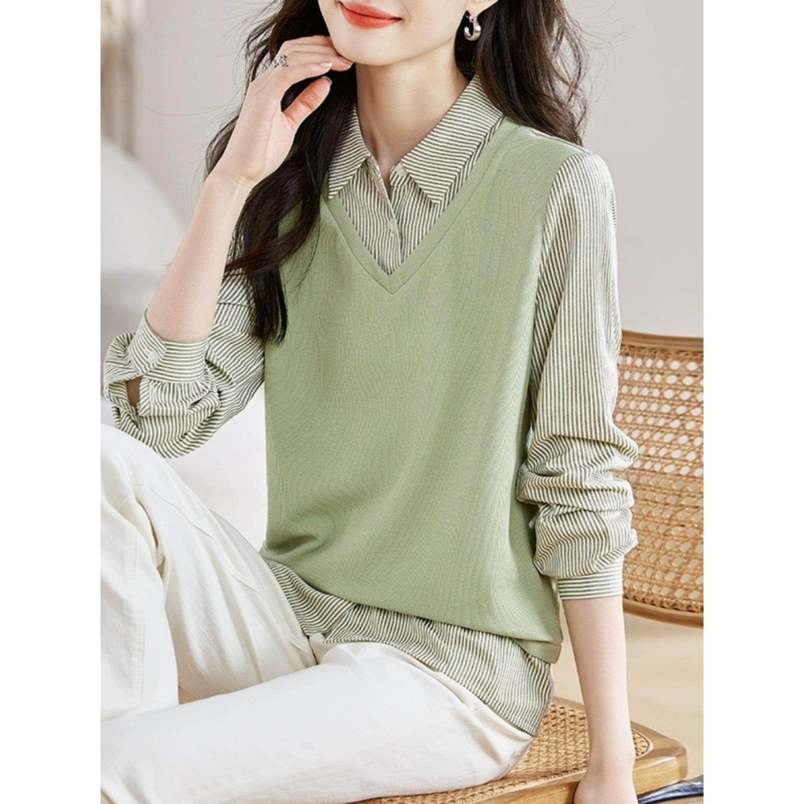 Canary Kiss假两件绿色条纹卫衣女2025春秋新款气质减龄套头上衣,女装/女士精品,羊绒衫,淘宝优惠券,粉丝福利购,淘宝优惠卷