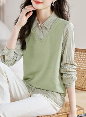 Canary Kiss假两件绿色条纹卫衣女2025春秋新款气质减龄套头上衣