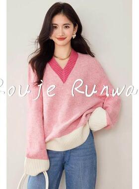 法式Rouje Runway粉色V领洋气针织衫女秋冬慵懒风套头软糯毛衣