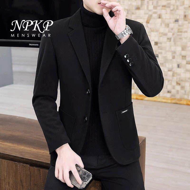 休闲西服男士秋冬款2025新款高端修身外套加绒加厚毛呢休闲小西装
