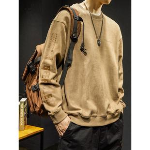 复古麂皮绒卫衣男春秋圆领潮牌长袖 BIAS美式 T恤秋冬加绒 neith