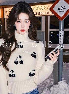 ROUJE CHIC法式白色高领短款针织衫女秋冬季独特别致印花长袖毛衣