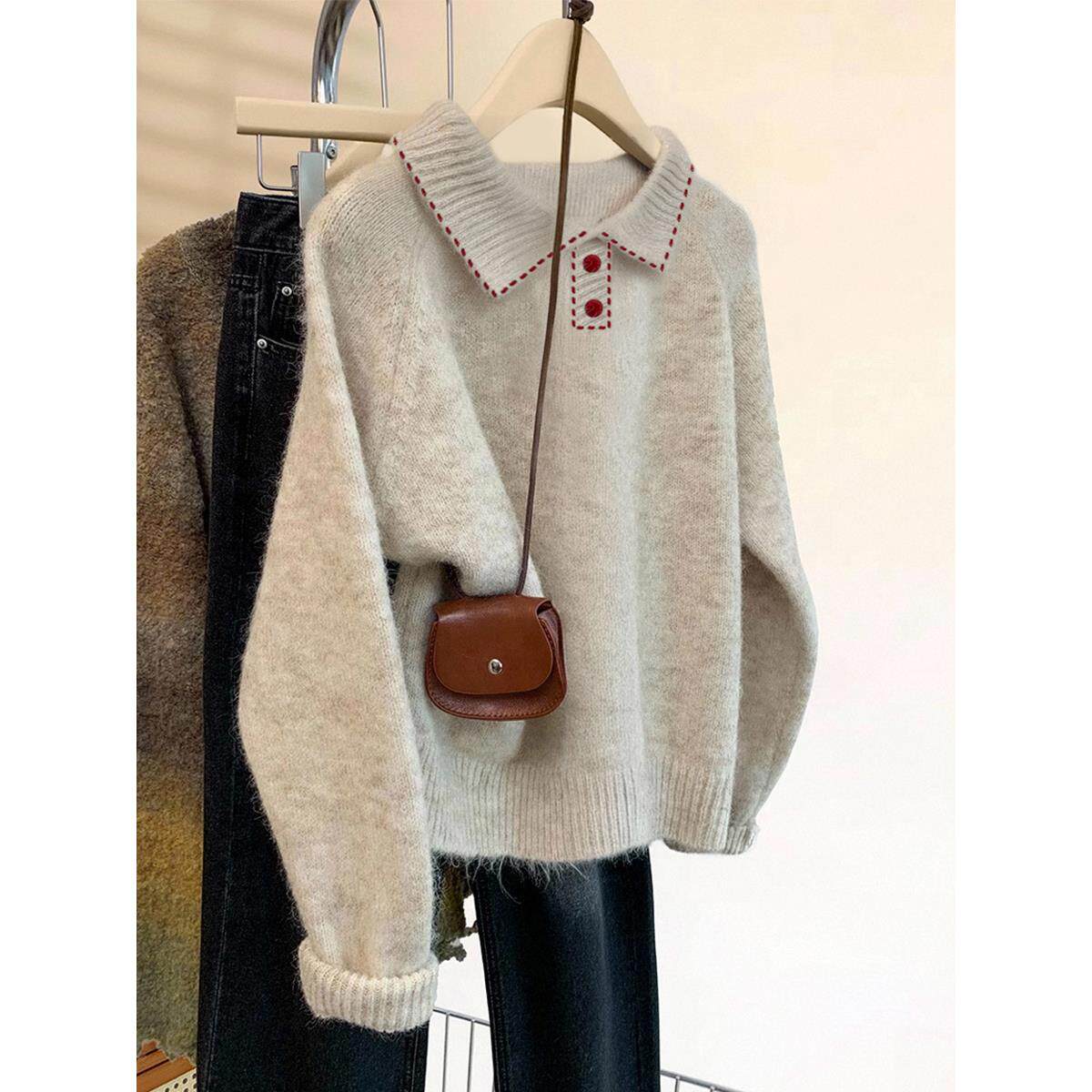 polo领套头软糯毛衣女秋冬2025新款慵懒风加厚内搭打底针织衫上衣