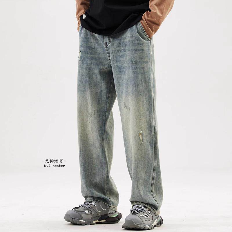 it neith BIAS潮牌美式复古破洞牛仔裤男春秋季高街宽松直筒阔腿
