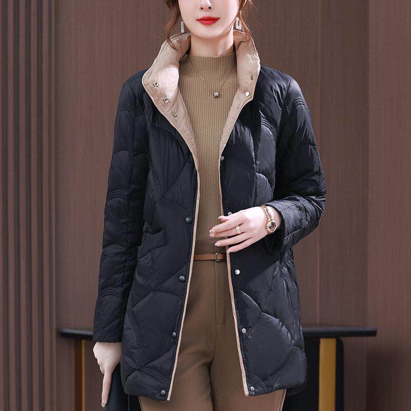 立领羽绒服女中长款2025秋冬新款韩版宽松中年妈妈保暖白鸭绒外套