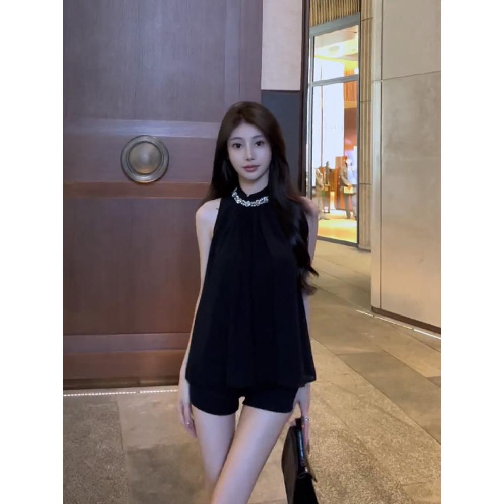 黑色水钻挂脖背心女夏季外穿宽松显瘦辣妹气质雪纺衫无袖纯欲上衣
