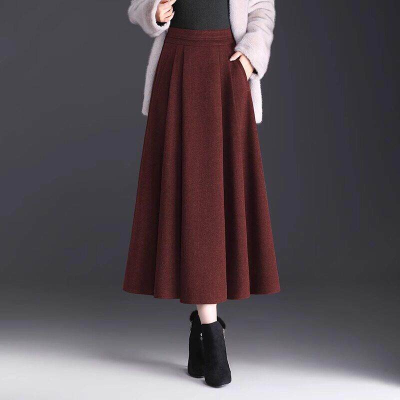 毛呢半身裙2025女秋冬款气质长裙高腰A字裙伞裙遮胯显瘦女百褶裙