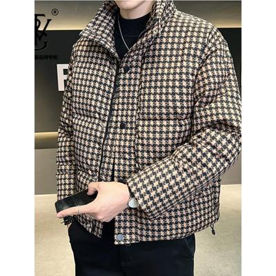 TWG格纹羽绒服男士短款立领高级感面包服时尚加绒加厚休闲外套潮