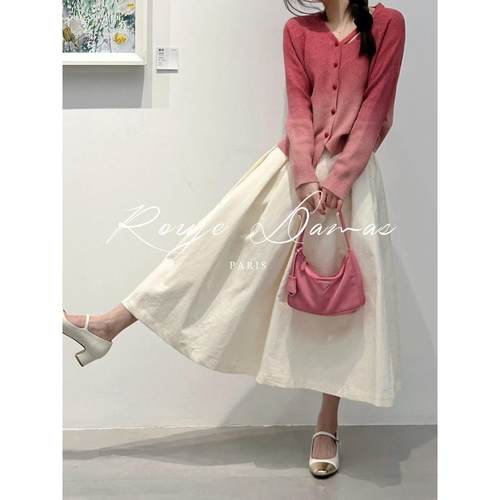 Rouje Damas法式渐变V领毛衣针织开衫女高腰a字半身裙子两件套装