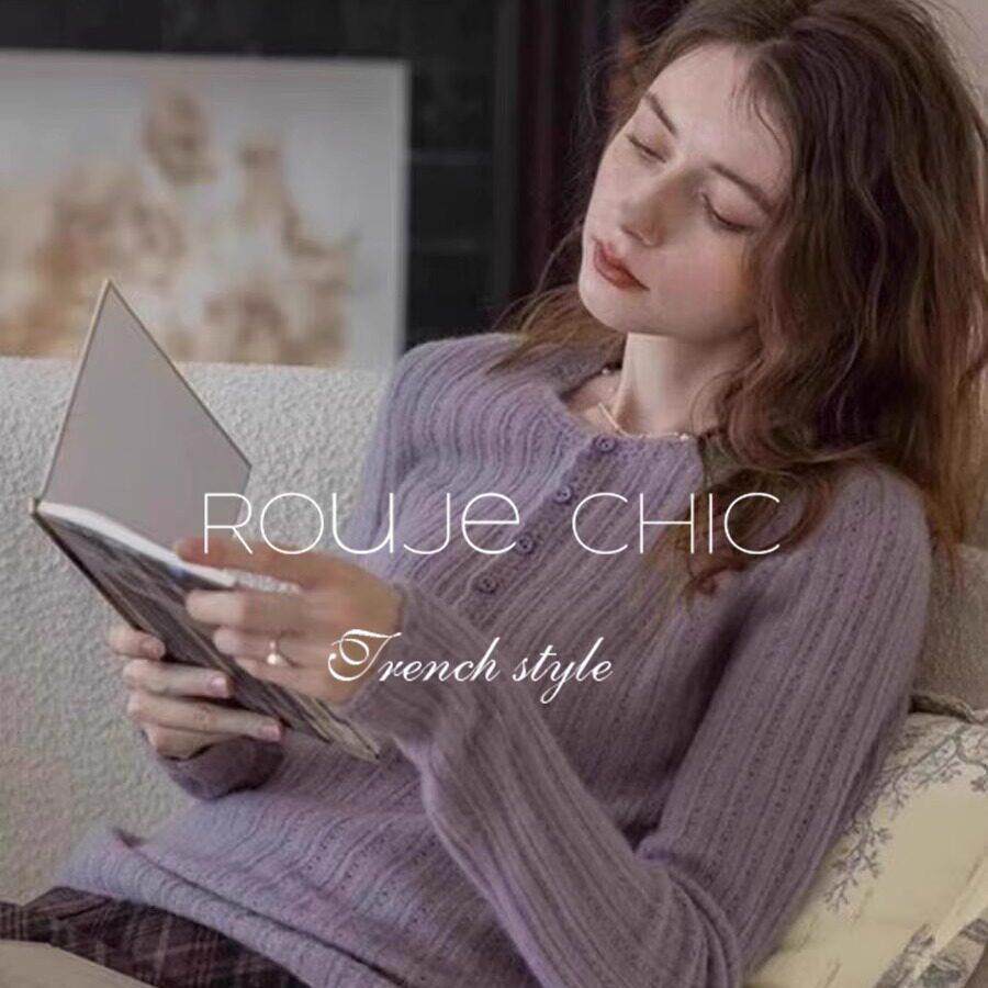 法国rouje chic法式紫色镂空亨利领针织打底衫毛衣女秋季小众上衣