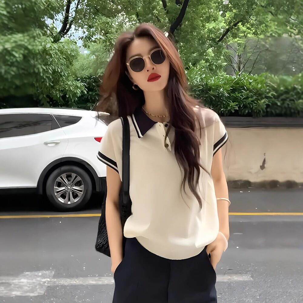 日系刺绣冰丝针织polo衫短袖t恤女夏季设计感小飞袖翻领正肩上衣