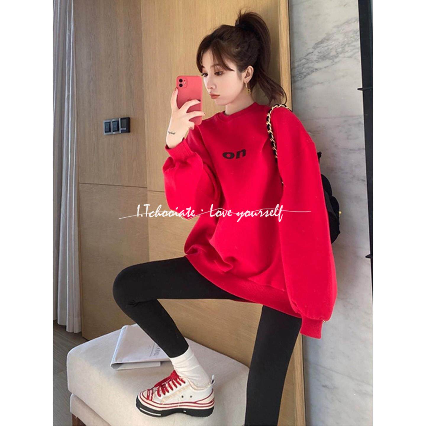 I.Tchooiate大红色卫衣女2025秋款加绒加厚中长本命红宽松上衣潮