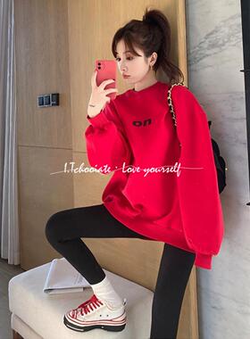 I.Tchooiate大红色卫衣女2025秋款加绒加厚中长本命红宽松上衣潮