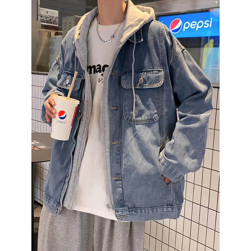 GIOIO痞帅牛仔夹克男秋冬潮牌ins连帽宽松百搭外套韩版假两件上衣