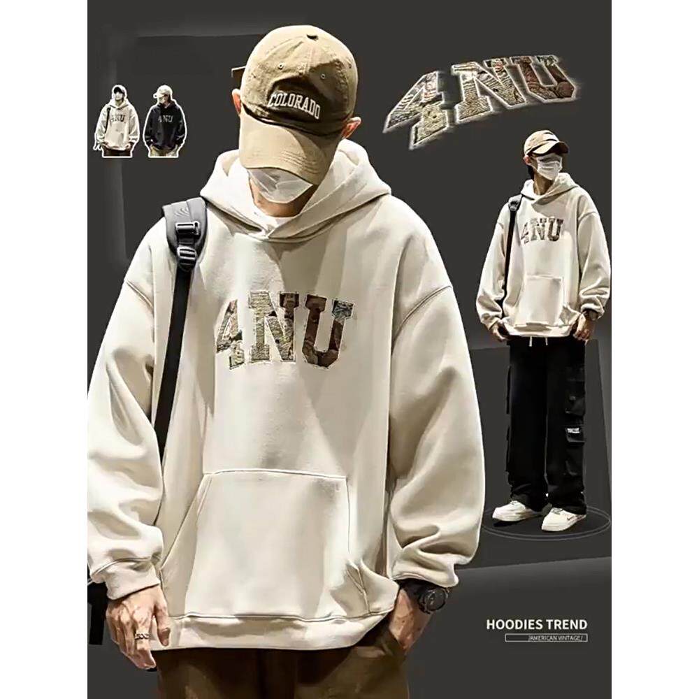 潮牌美式覆古连帽卫衣男士秋冬季加绒加厚刺绣重磅宽松套头衫外套