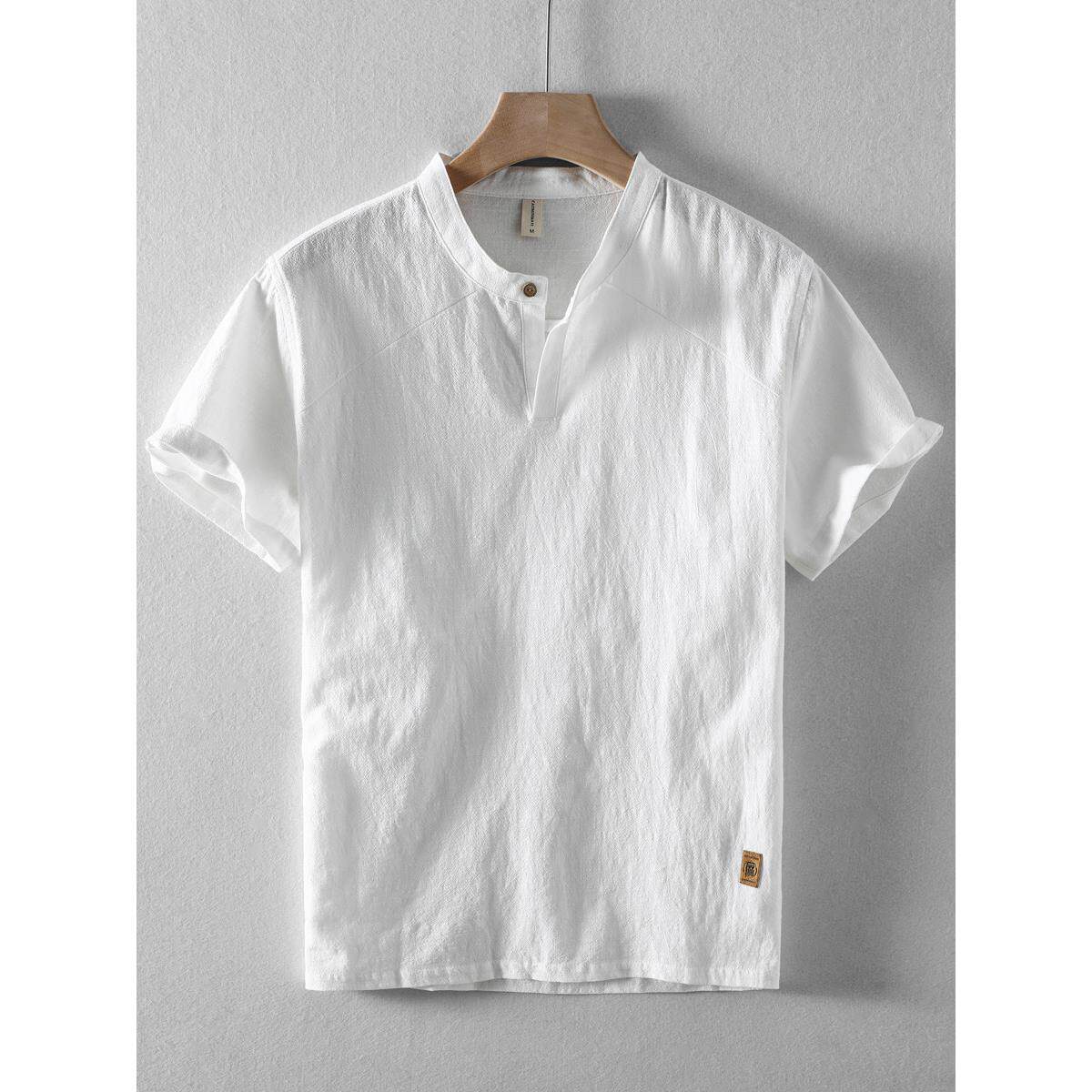 夏季新款男士亚麻短袖衬衫立领棉麻男式覆古透气休闲宽松半袖衬衣