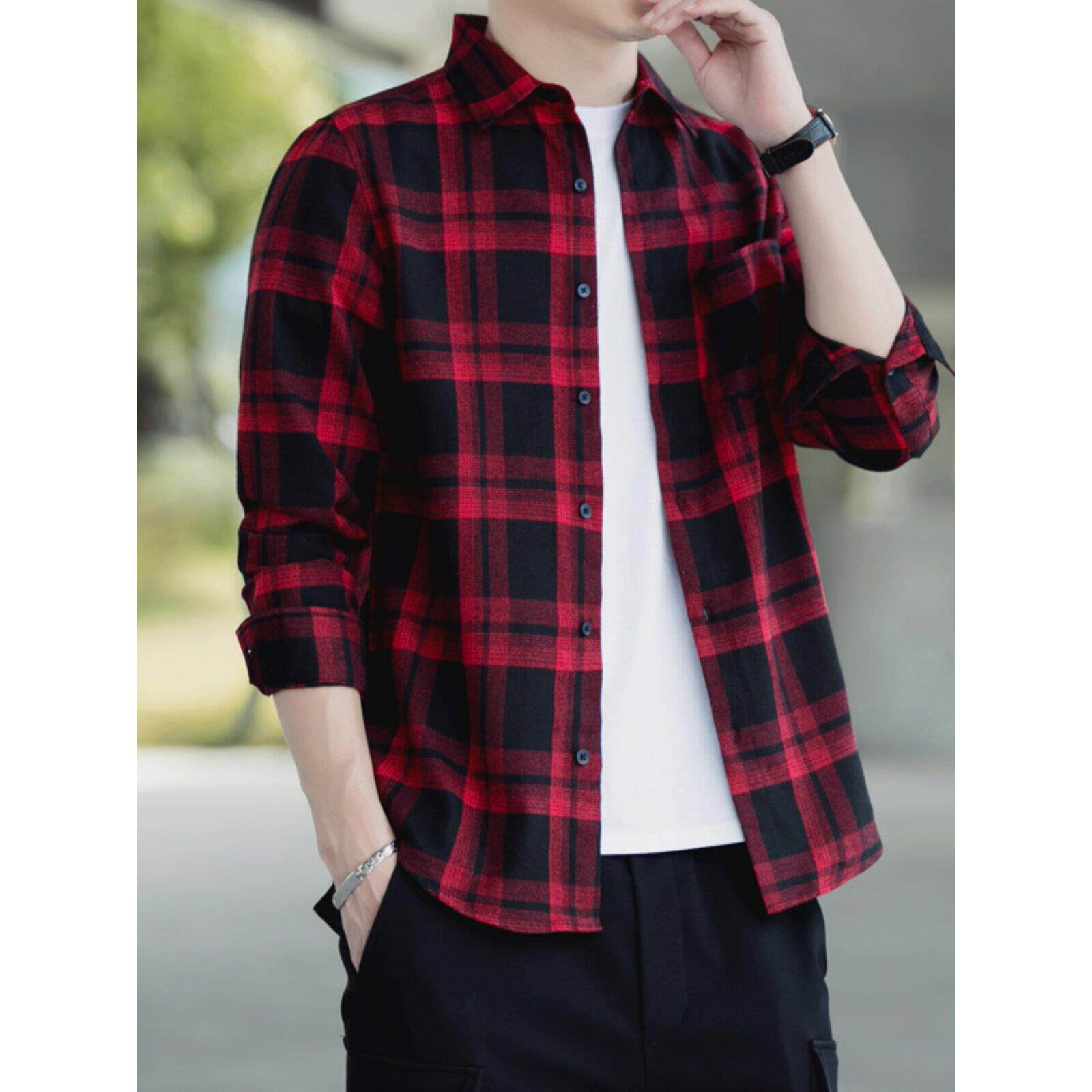 香港红色格子衬衫男长袖秋季格纹男士衬衣青年休闲帅气外穿寸衫潮