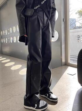 黑色覆古海宁真皮皮裤阔腿裤女小个子2025年秋季新款绵羊皮直筒裤