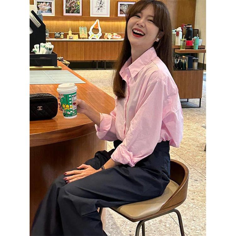 NextMary甜美粉色长袖衬衫女春季时尚减龄polo领上衣休闲百搭衬衣