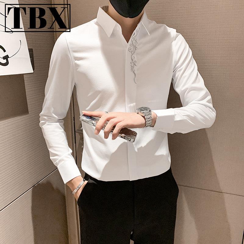 高端绣花男衬衫长袖2025新款春秋男士商务休闲白衬衫