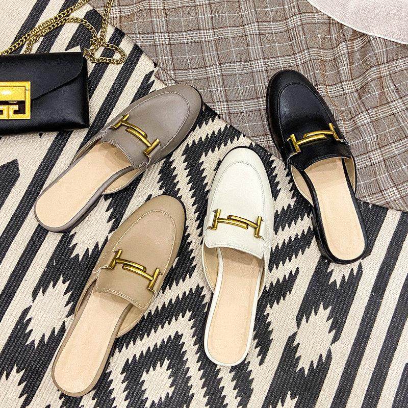 香港拖鞋女2025春季新款百搭真皮包头半拖女外穿一脚蹬穆勒懒人鞋