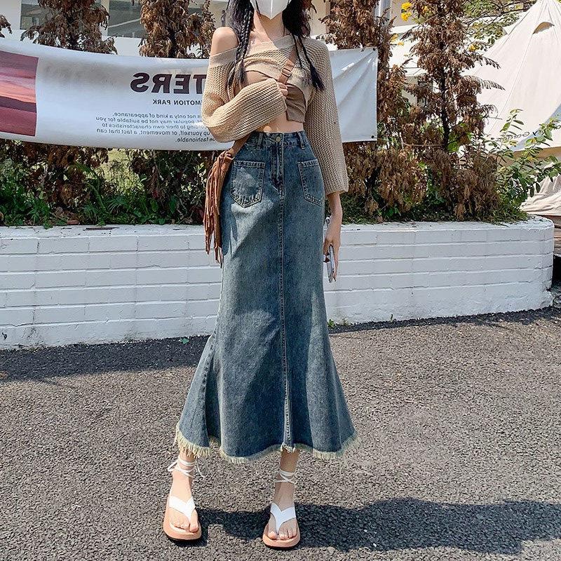 复古毛边牛仔半身裙女春季2025新款高腰遮跨显瘦小个子鱼尾中长裙