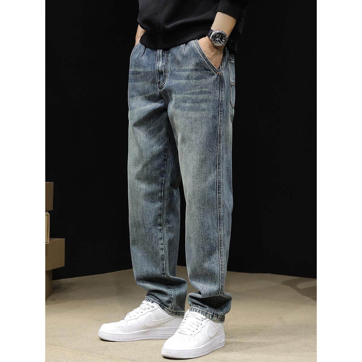 潮牌it Afternnaths高端直筒牛仔裤男新款宽松休闲浅蓝秋冬季加绒