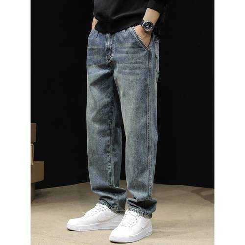 潮牌it Afternnaths高端直筒牛仔裤男新款宽松休闲浅蓝秋冬季加绒