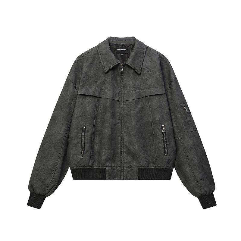 MUSONMU美式扎染PU皮皮衣男美拉德飞行拉炼 炼 夹克宽松春秋外套