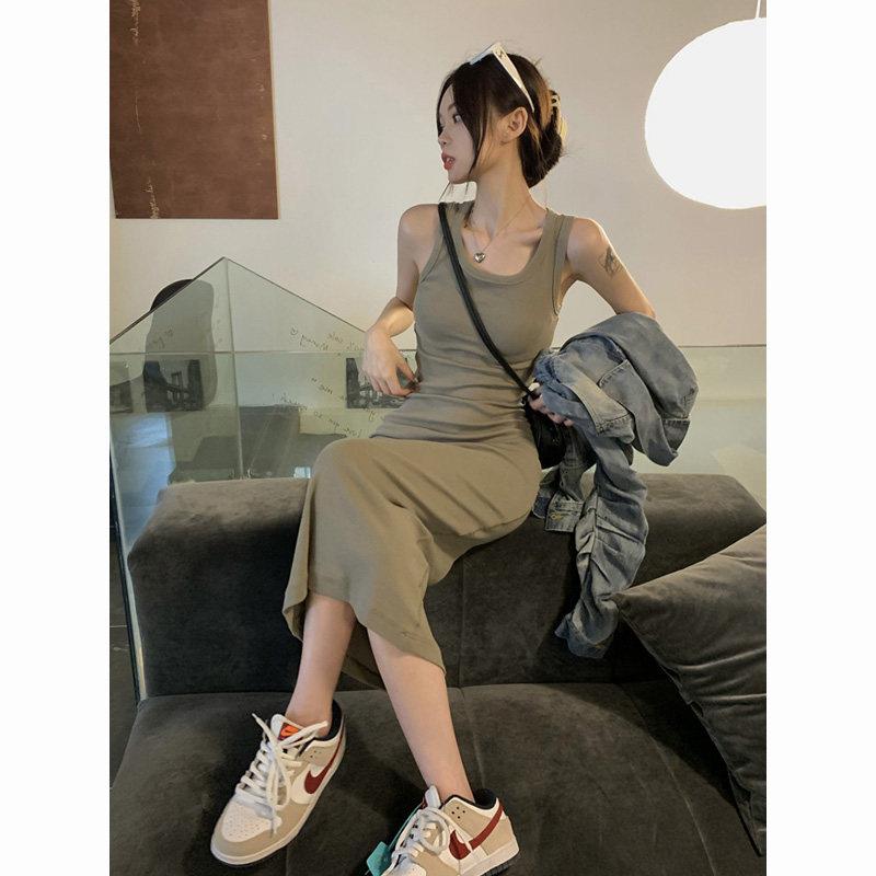 辣妹背心吊带连衣裙女夏季收腰修身显瘦长款过膝包臀裙无袖t恤裙