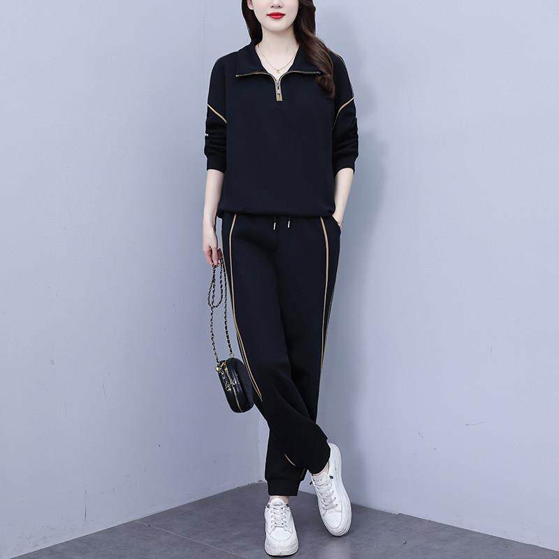 时尚休闲套装女2026秋季新款宽松显瘦气质黑色卫衣卫裤运动两件套
