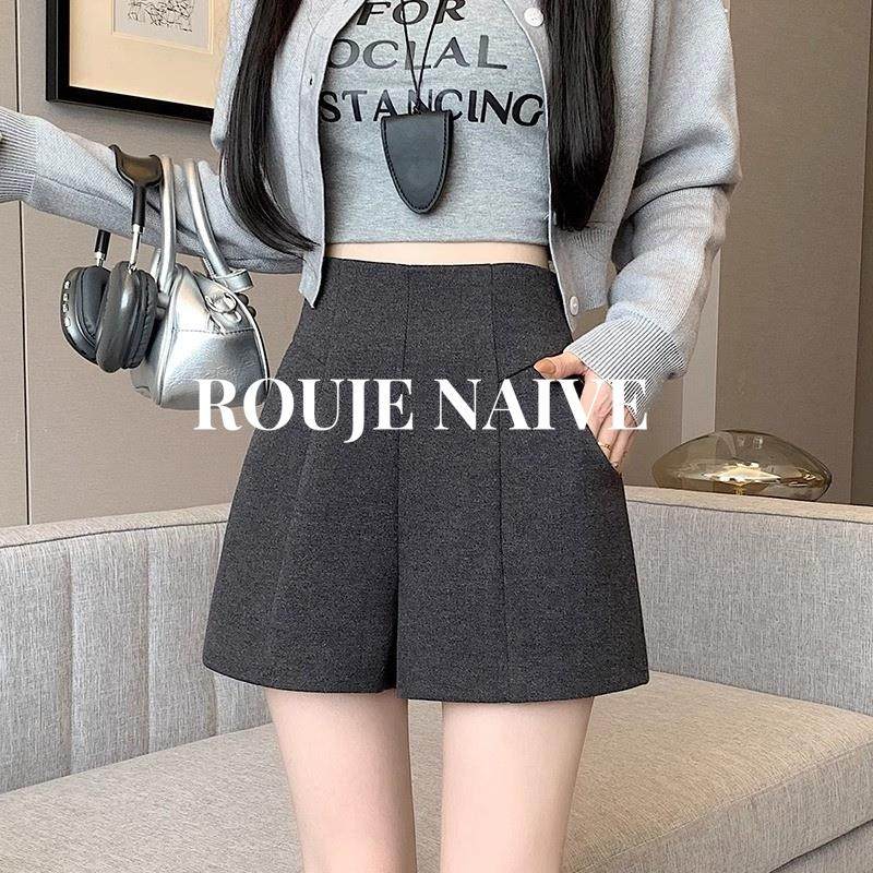 ROUJE NAIVE毛呢短裤女秋冬2025新款高腰外穿显瘦a字配靴子阔腿裤