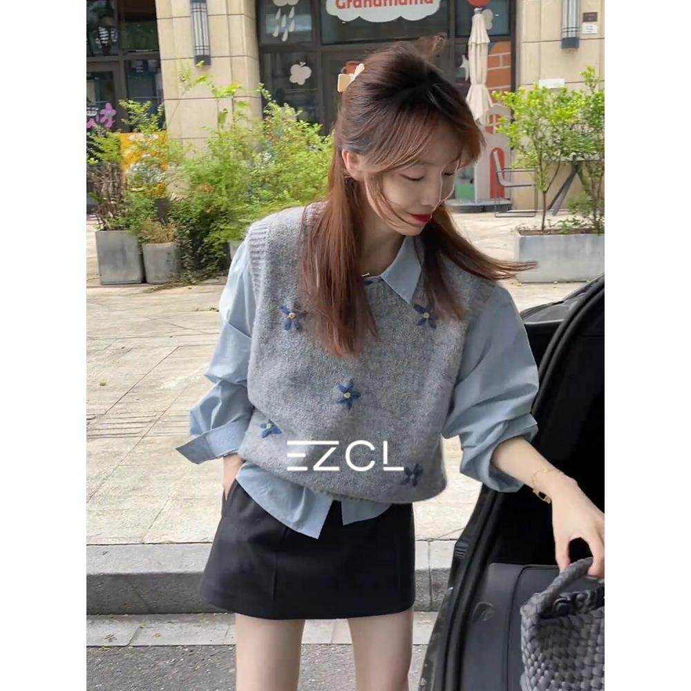EZCL 法式灰色提花针织无袖坎肩马甲女早秋叠穿短款毛衣背心上衣