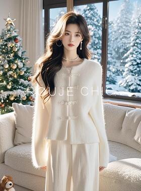 ROUJE CHIC法式新中式国风温柔白色对襟盘扣软糯针织衫毛衣女早春